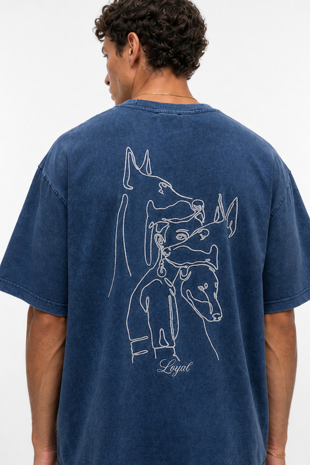 Erkek Nakış Detaylı Yıkamalı Oversize T-Shirt Lacivert - 0