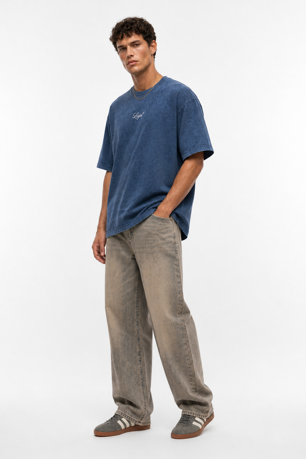 Erkek Nakış Detaylı Yıkamalı Oversize T-Shirt Lacivert - 2