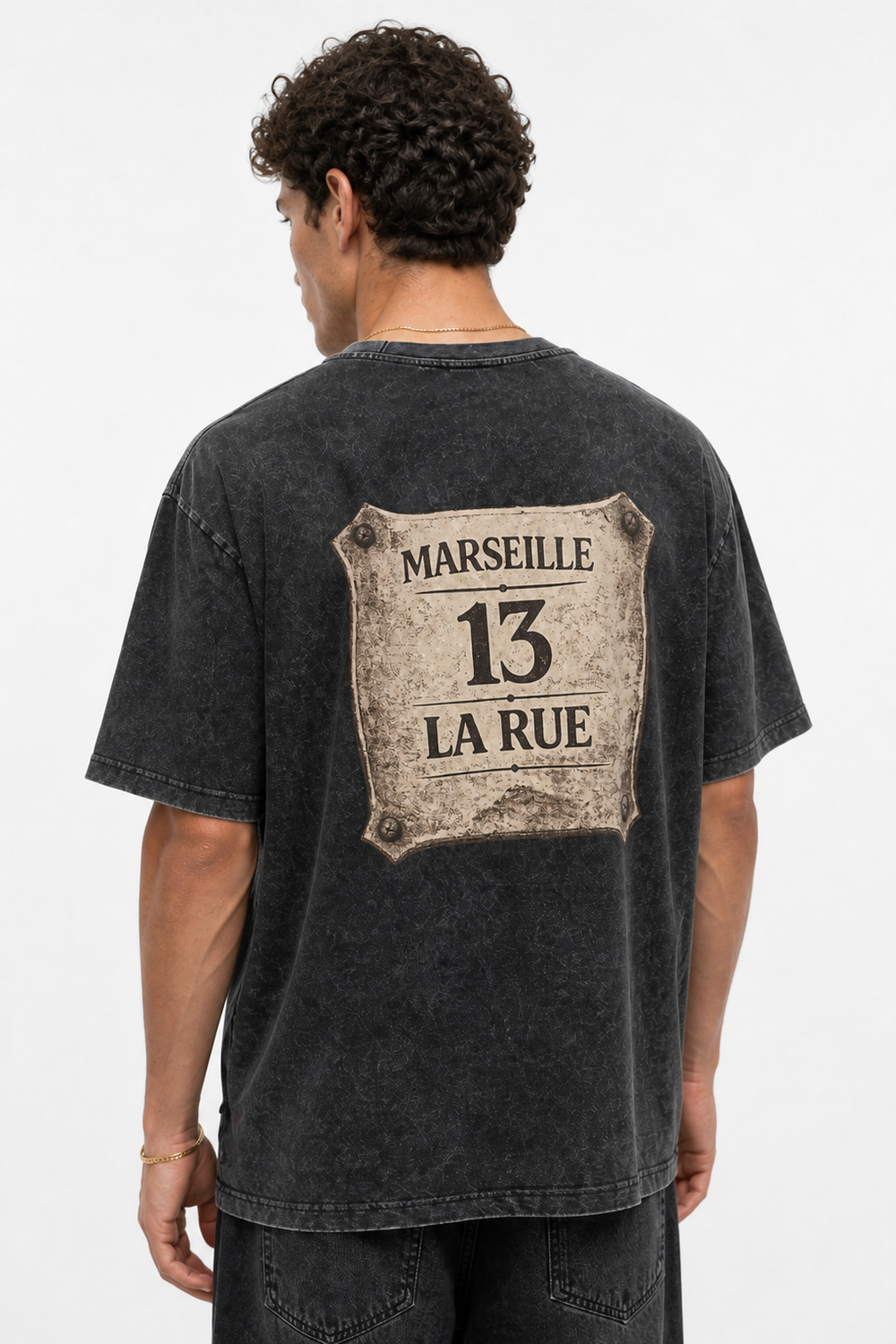 Erkek Marseille Baskılı Yıkamalı Oversize T-Shirt Siyah - 0