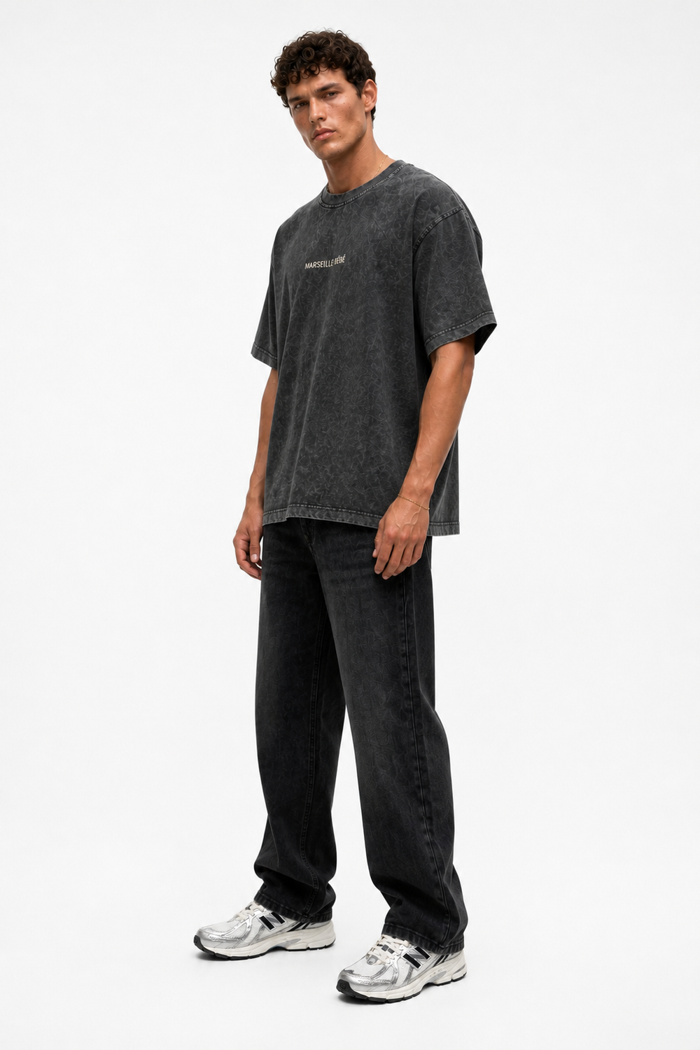 Erkek Marseille Baskılı Yıkamalı Oversize T-Shirt Siyah - 1