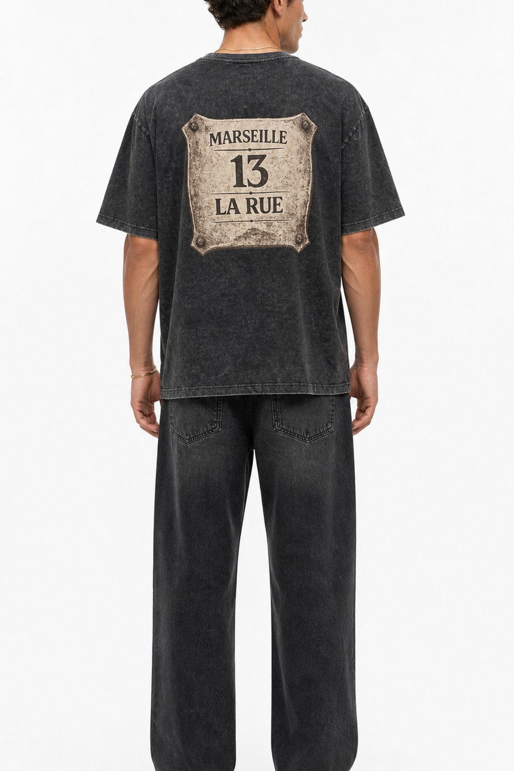 Erkek Marseille Baskılı Yıkamalı Oversize T-Shirt Siyah - 2