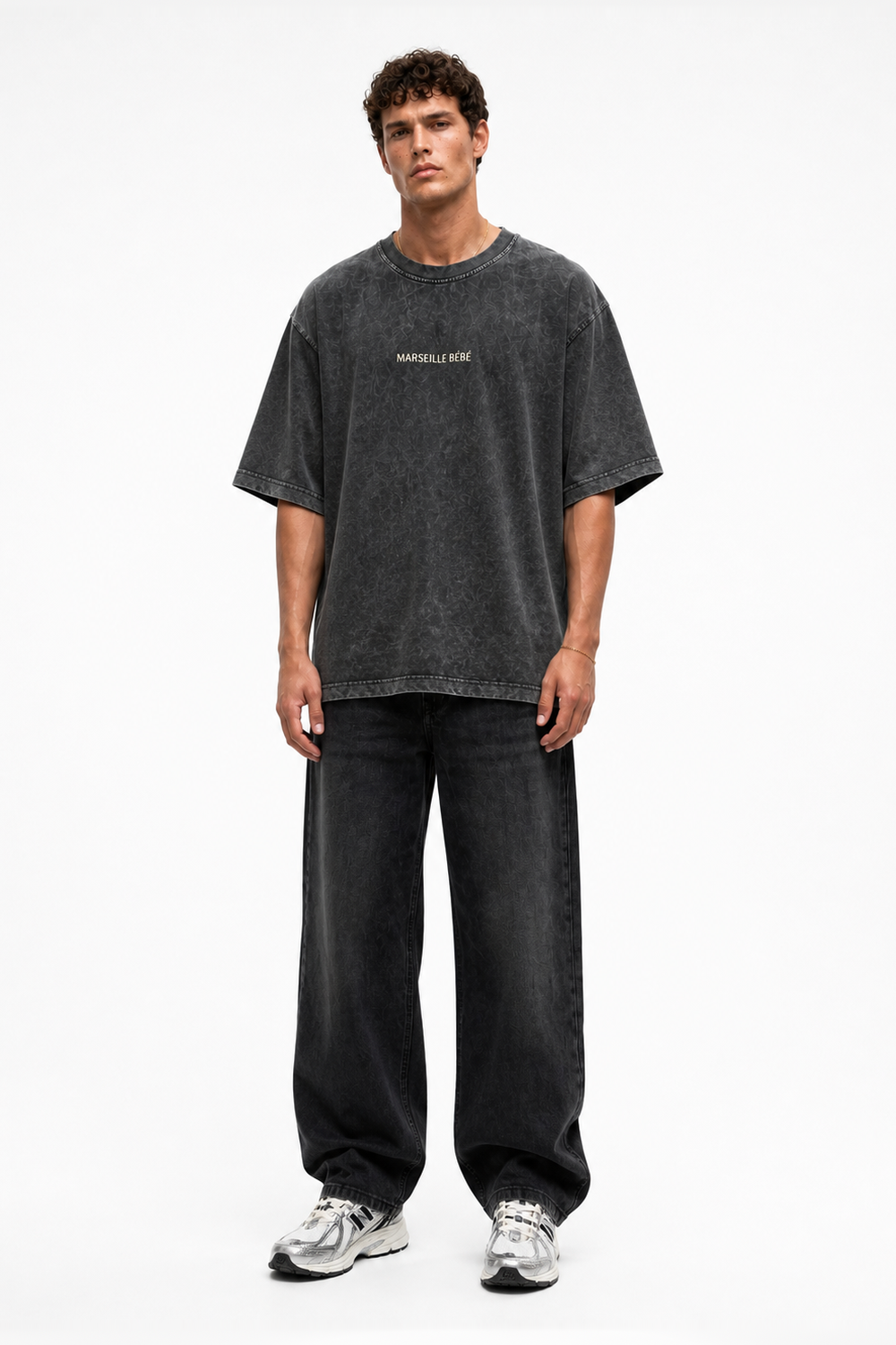 Erkek Marseille Baskılı Yıkamalı Oversize T-Shirt Siyah - 3