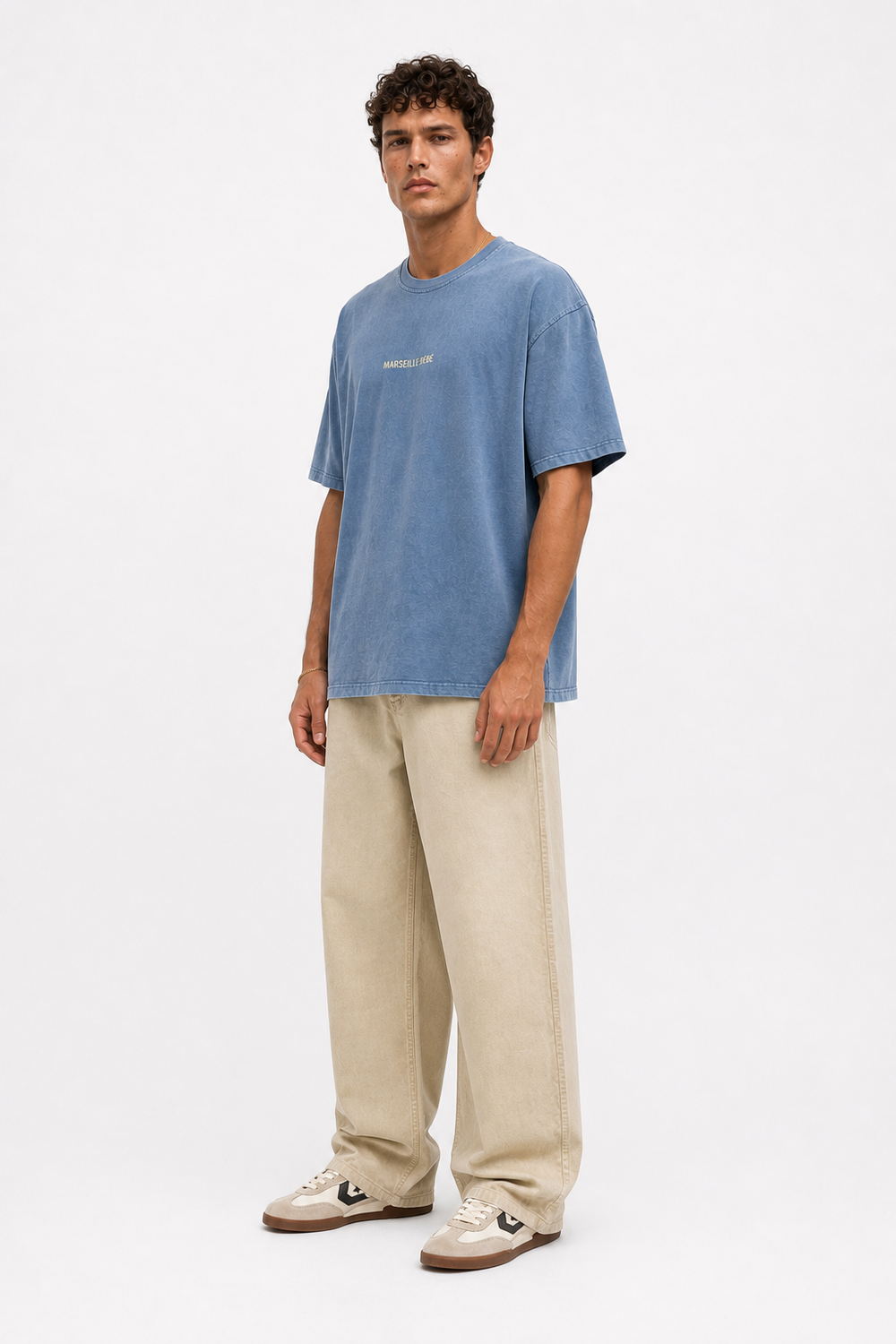Erkek Marseille Baskılı Yıkamalı Oversize T-Shirt Bebe Mavi - 2