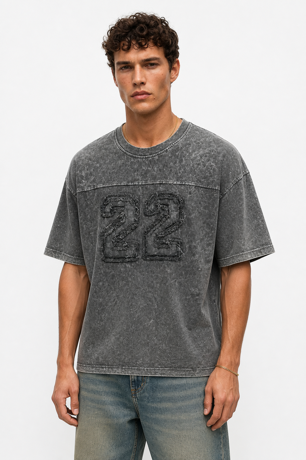 Erkek 22 Nakışlı Yıkamalı Oversize T-Shirt Siyah - 0