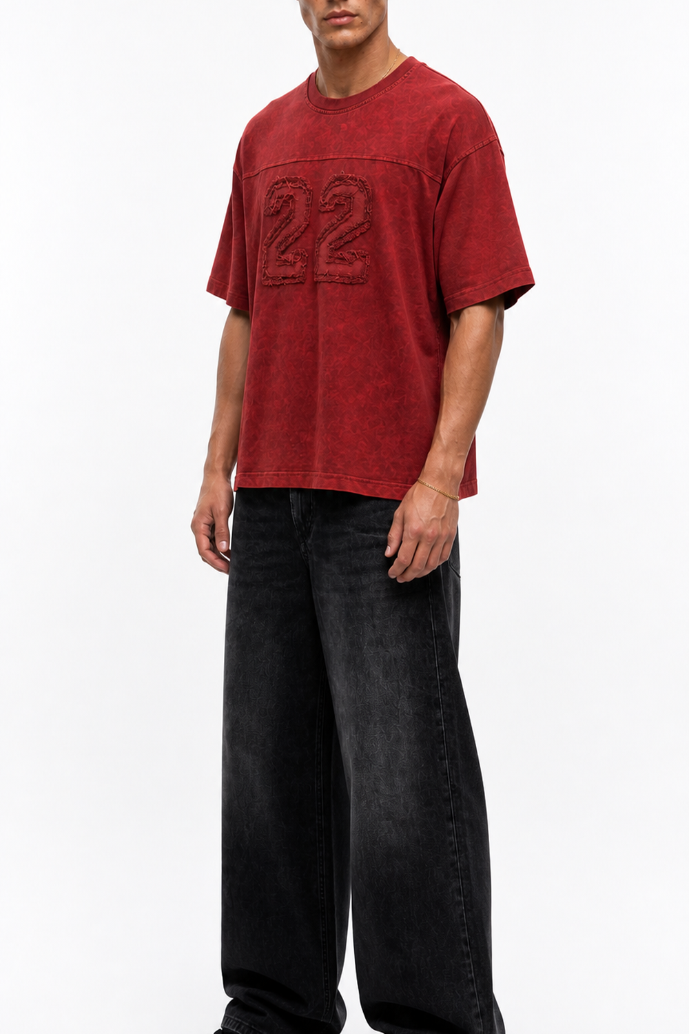 Erkek 22 Nakışlı Yıkamalı Oversize T-Shirt Bordo - 2