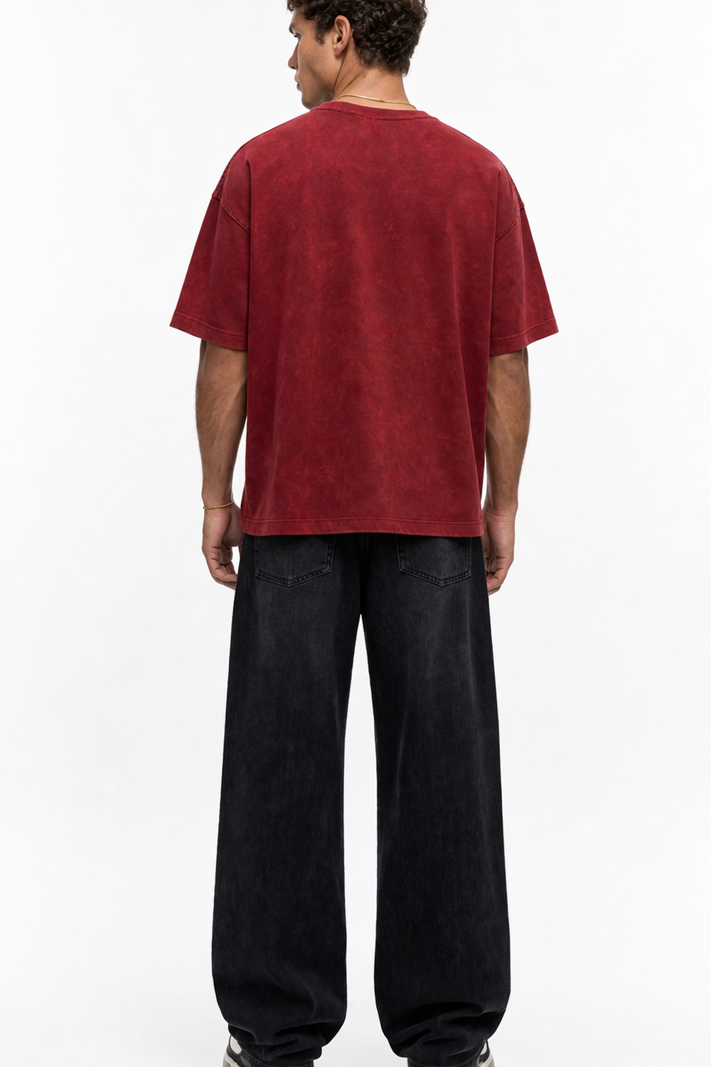 Erkek 22 Nakışlı Yıkamalı Oversize T-Shirt Bordo - 3