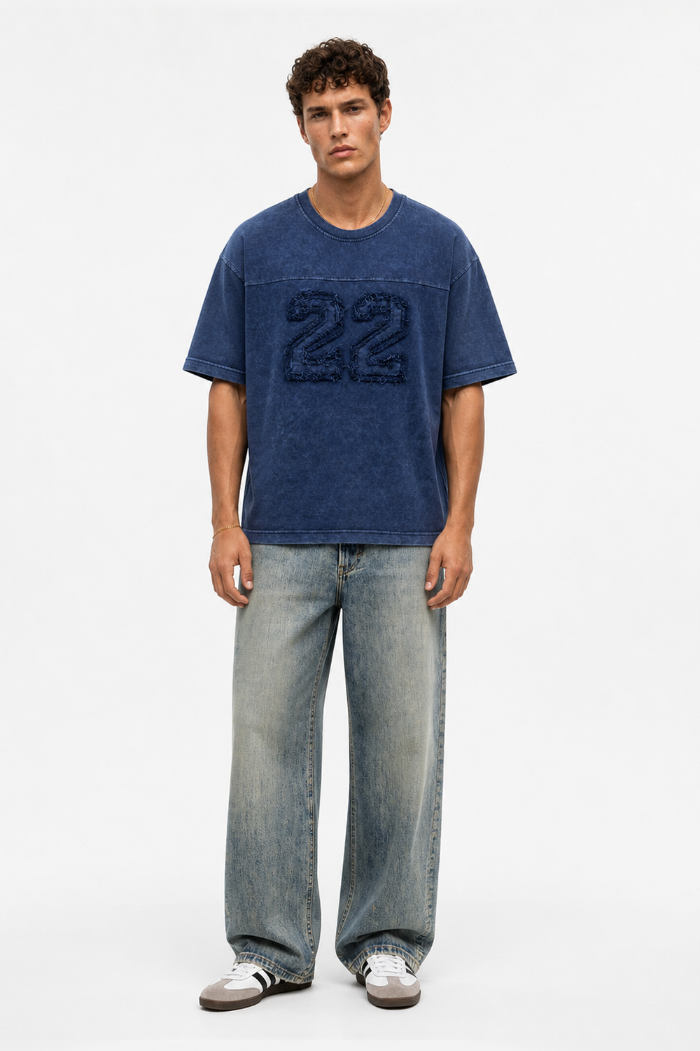 Erkek 22 Nakışlı Yıkamalı Oversize T-Shirt Lacivert - 1
