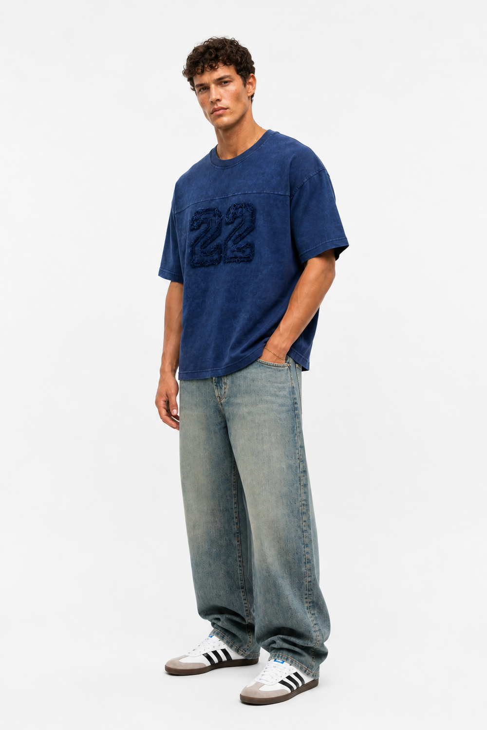 Erkek 22 Nakışlı Yıkamalı Oversize T-Shirt Lacivert - 2
