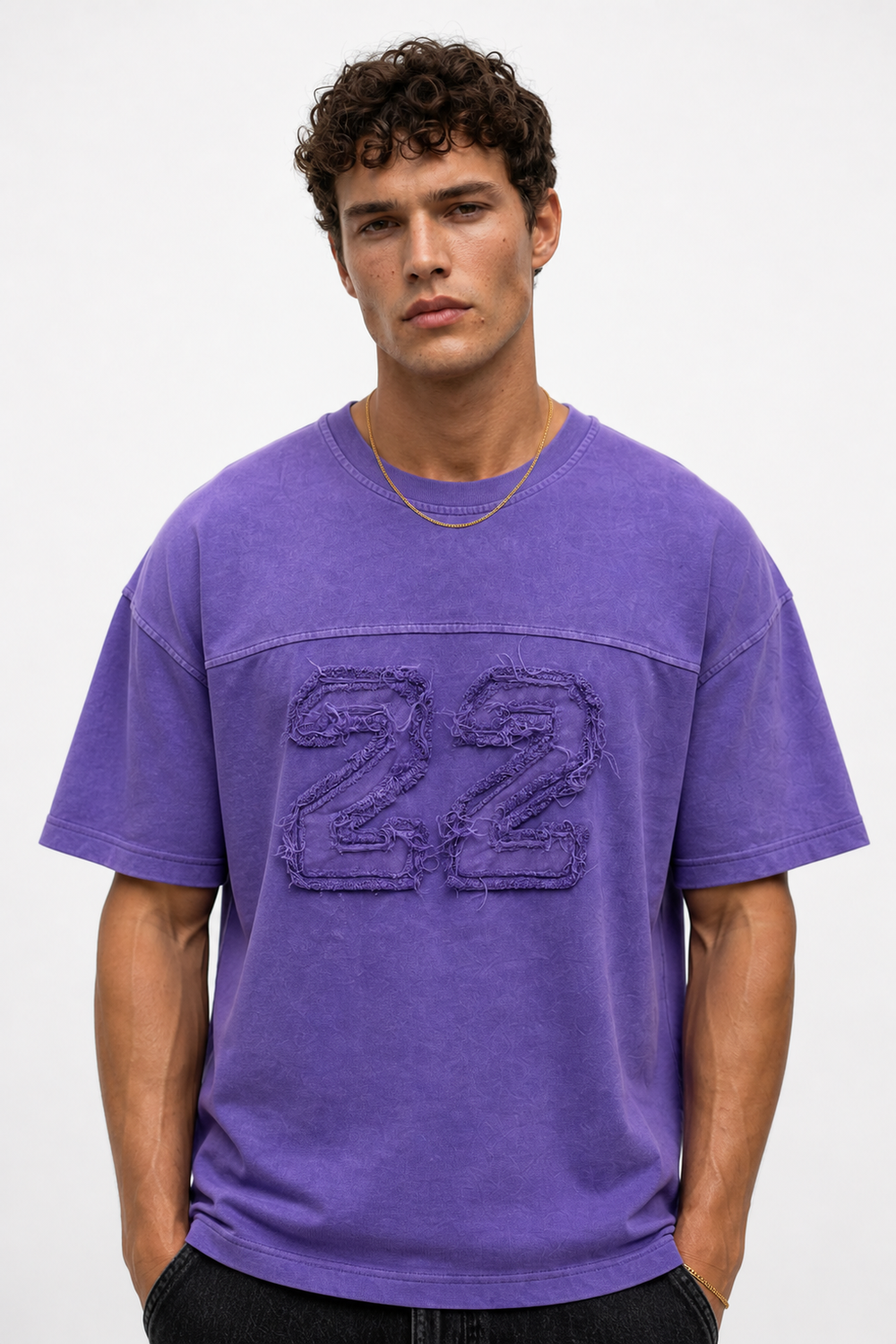 Erkek 22 Nakışlı Yıkamalı Oversize T-Shirt Mor - 0