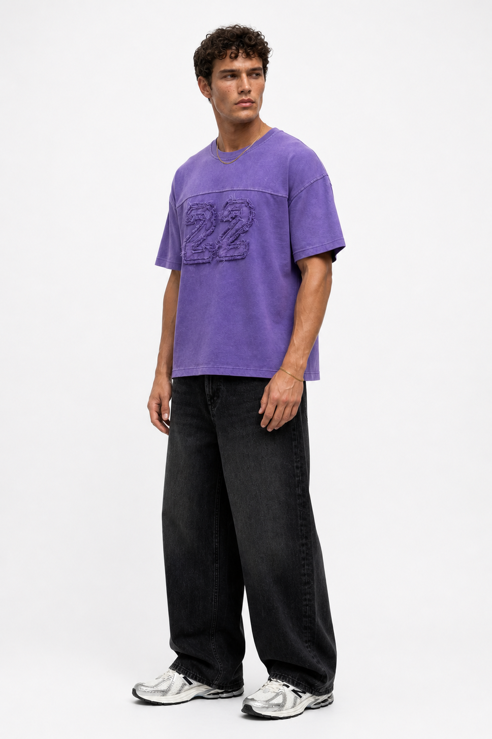 Erkek 22 Nakışlı Yıkamalı Oversize T-Shirt Mor - 2