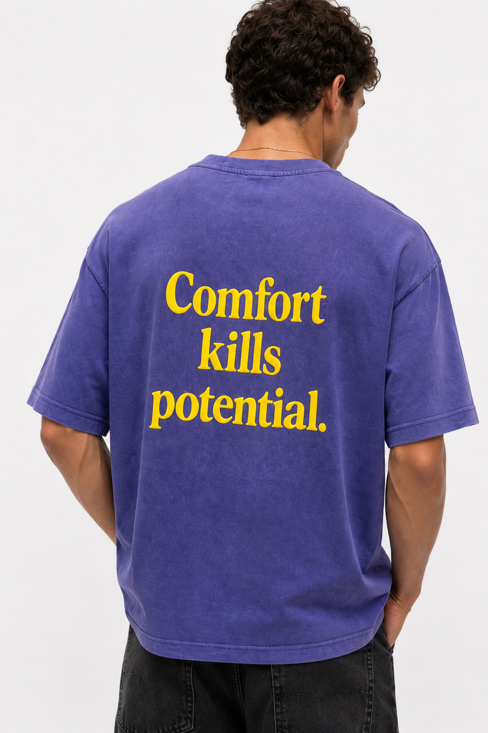 Erkek Puf Baskılı Yıkamalı Oversize T-Shirt Mor - 0