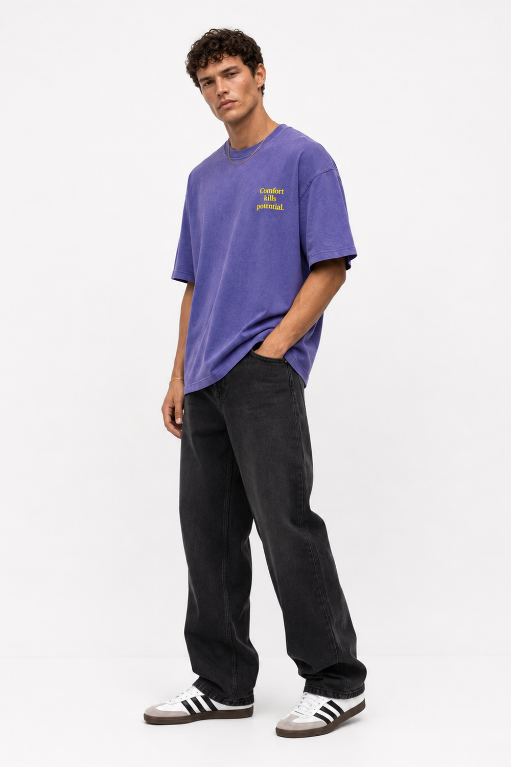 Erkek Puf Baskılı Yıkamalı Oversize T-Shirt Mor - 2