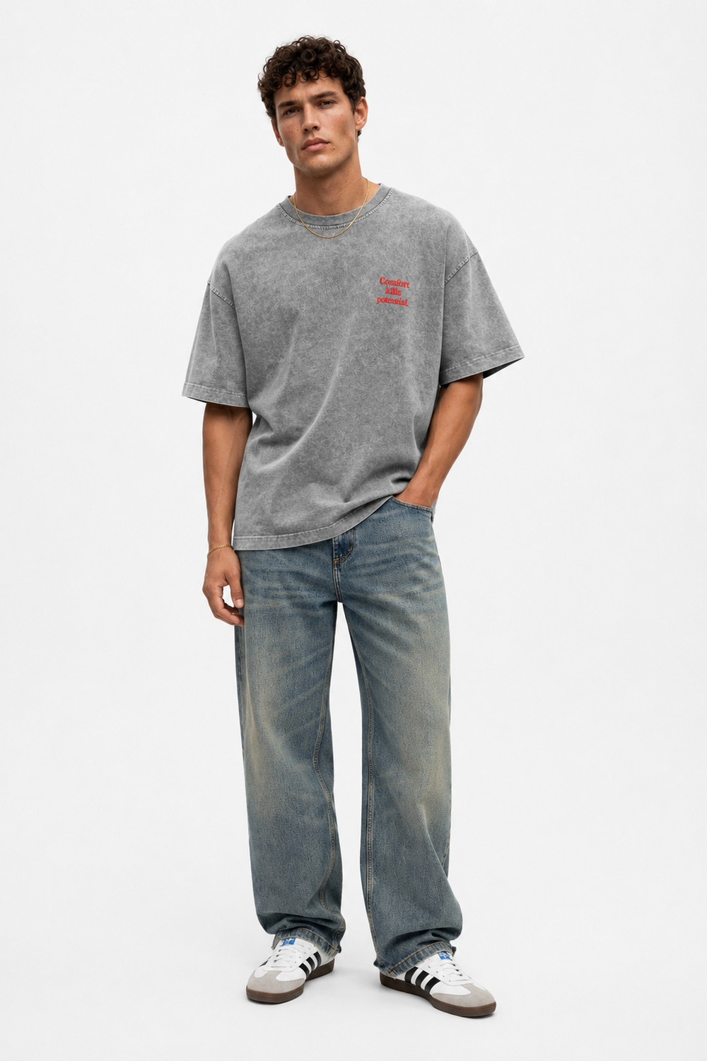 Erkek Puf Baskılı Yıkamalı Oversize T-Shirt Gri - 1