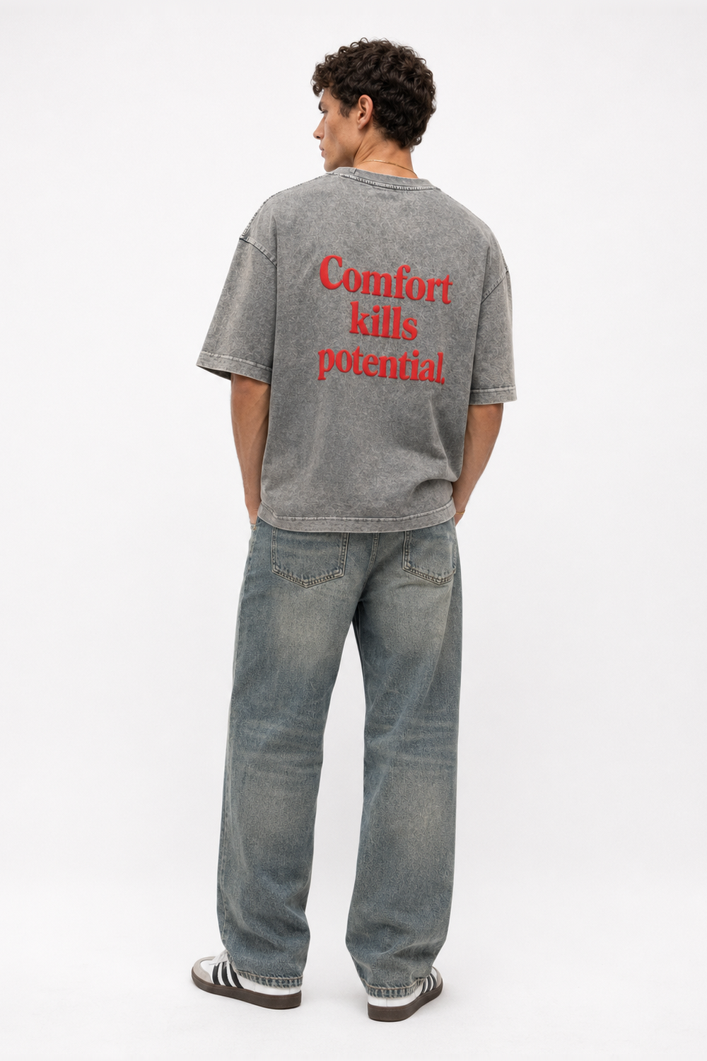 Erkek Puf Baskılı Yıkamalı Oversize T-Shirt Gri - 3