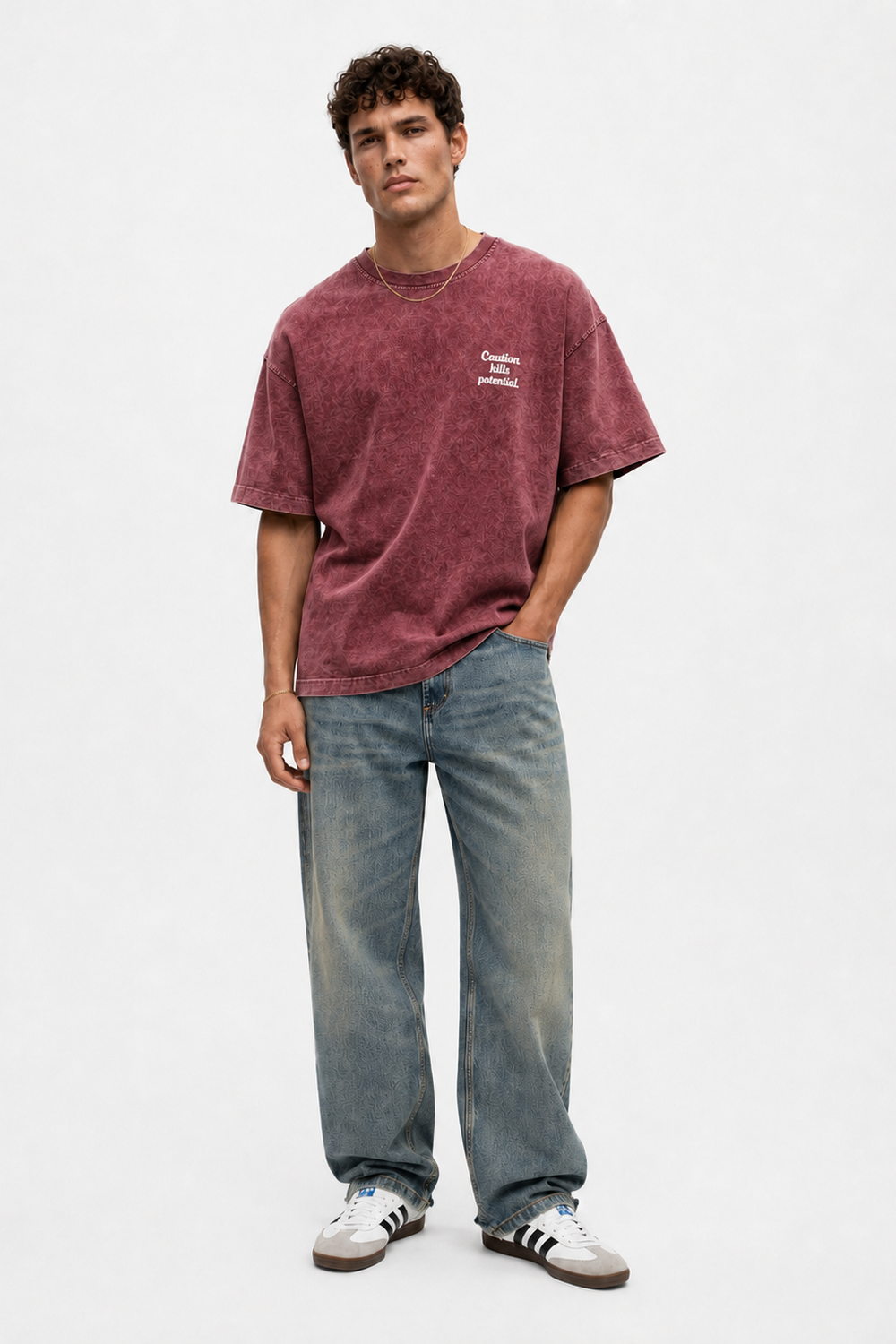 Erkek Puf Baskılı Yıkamalı Oversize T-Shirt Bordo - 1