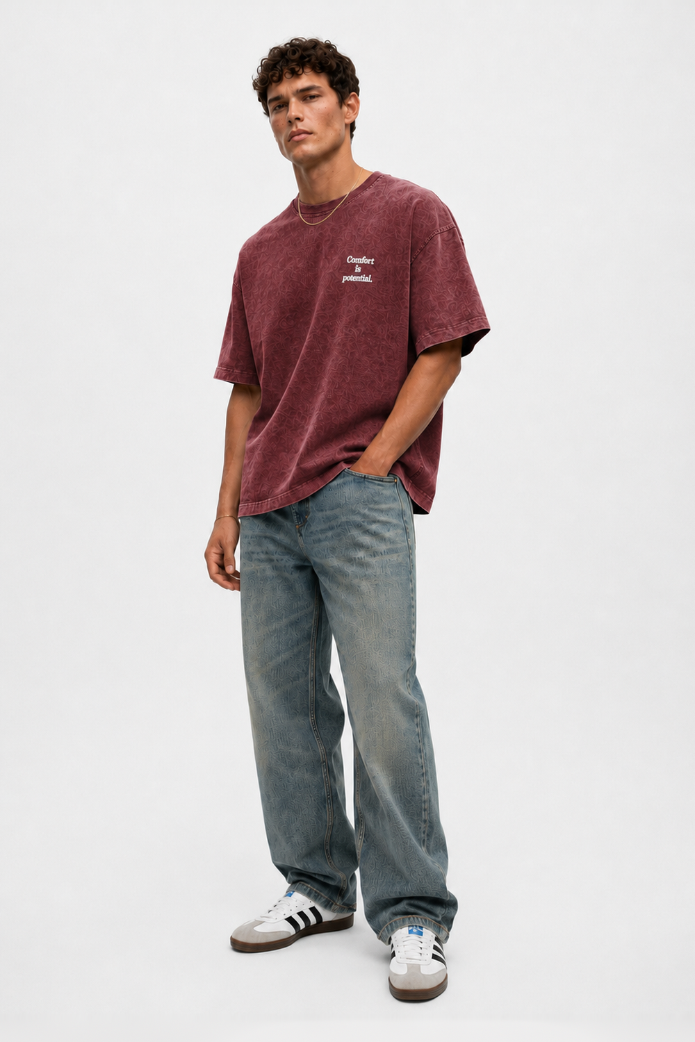 Erkek Puf Baskılı Yıkamalı Oversize T-Shirt Bordo - 2
