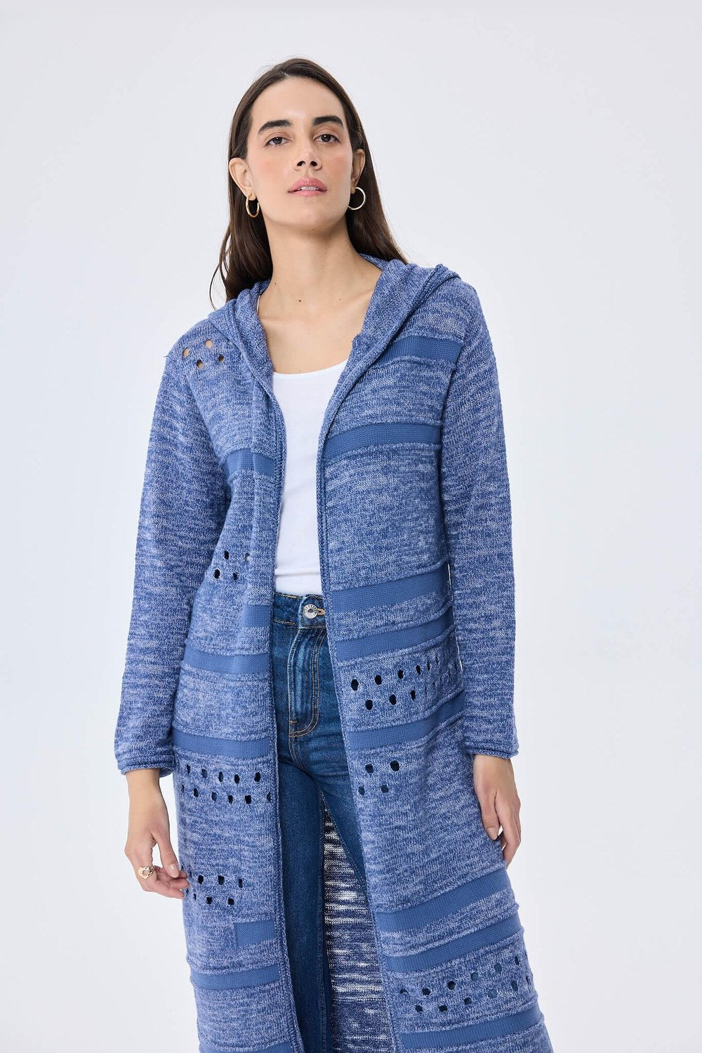 Skyler, Ajurlu, Kadın Kapüşonlu Yazlık Uzun Triko Hırka - Denim Mix - 0