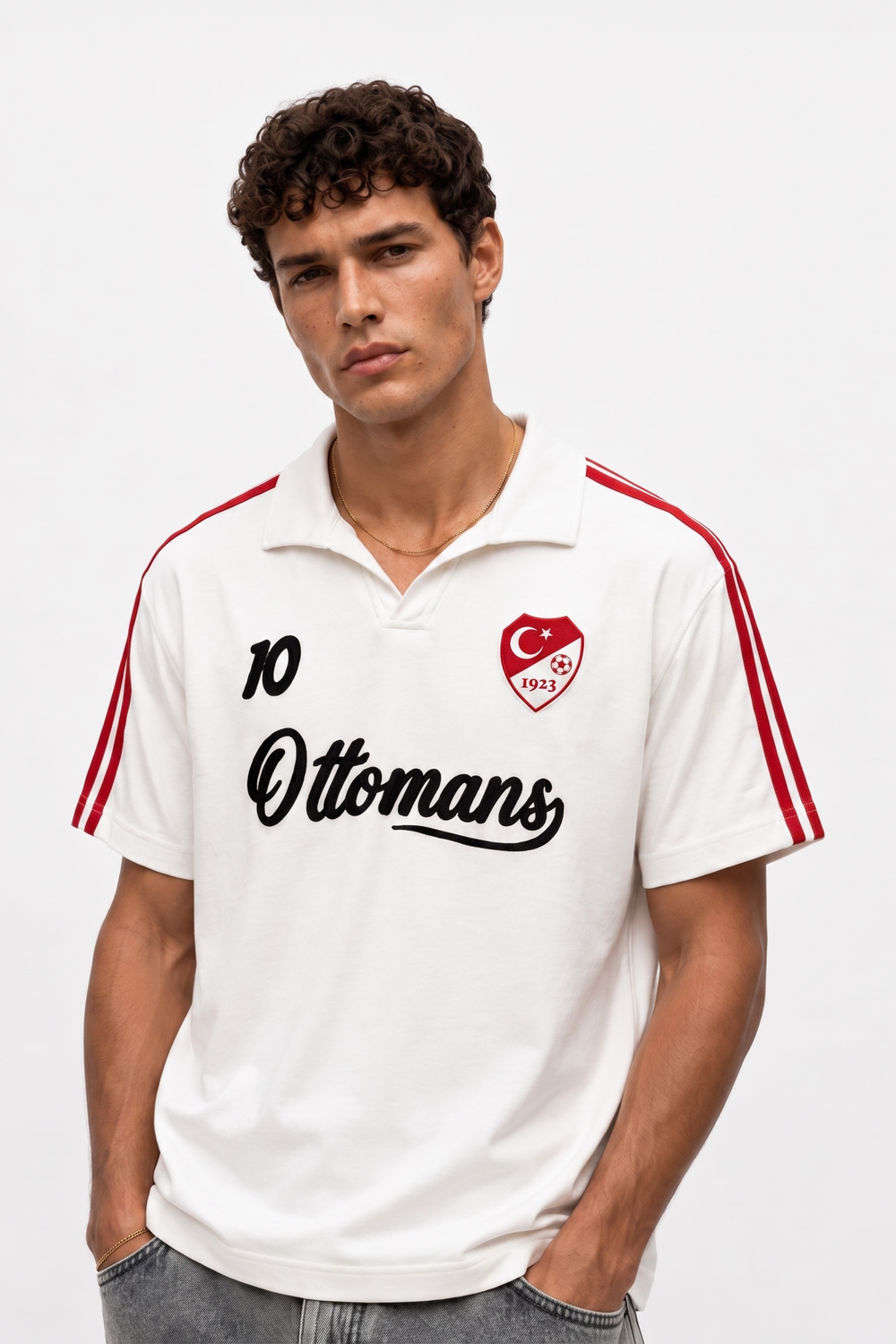 Erkek Şerit Detaylı Retro Forma T-Shirt - Ekru - 0
