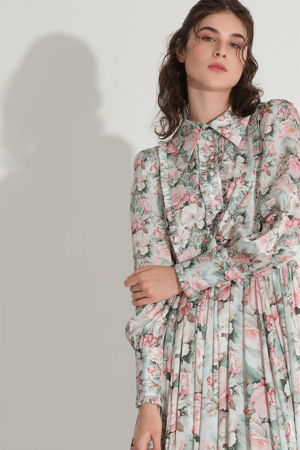 Çiçek Desen Saten Elbise - Mint - 1