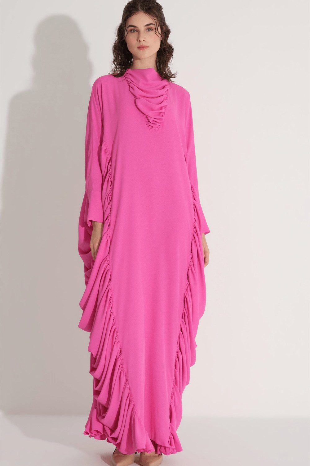 Yanları Büzgülü Kaftan Elbise - Fuşya - 0