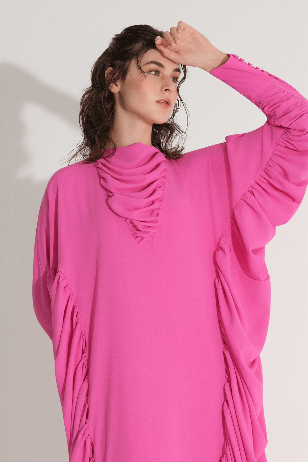 Yanları Büzgülü Kaftan Elbise - Fuşya - 1