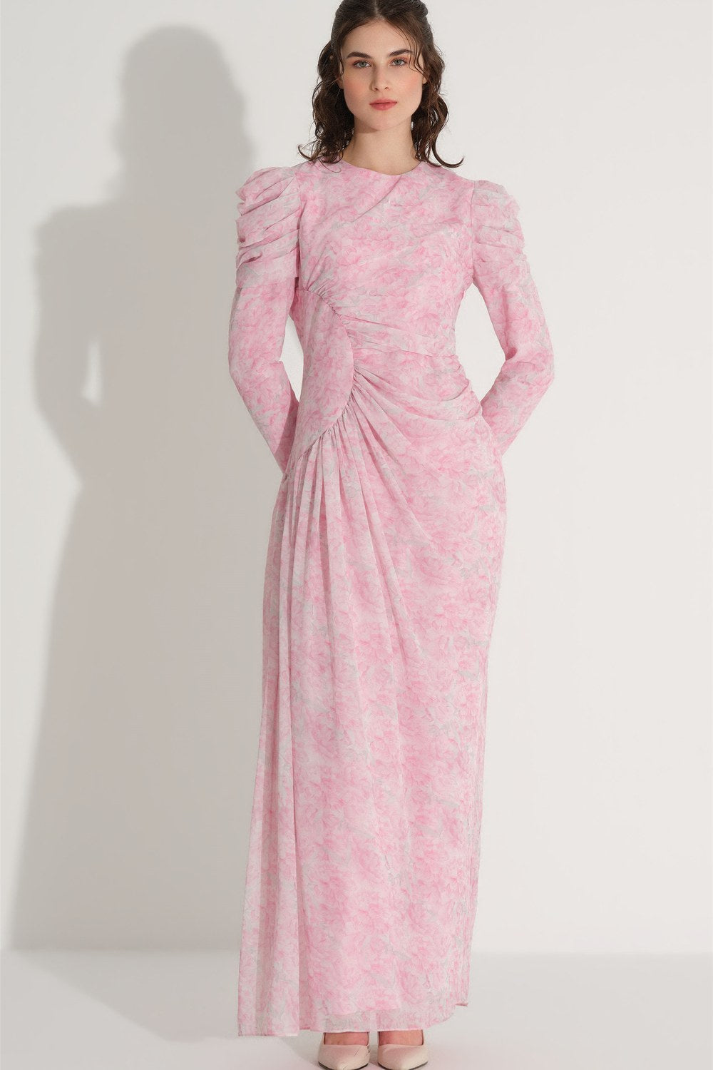 Yan Büzgü Detaylı Elbise - Pembe - 0