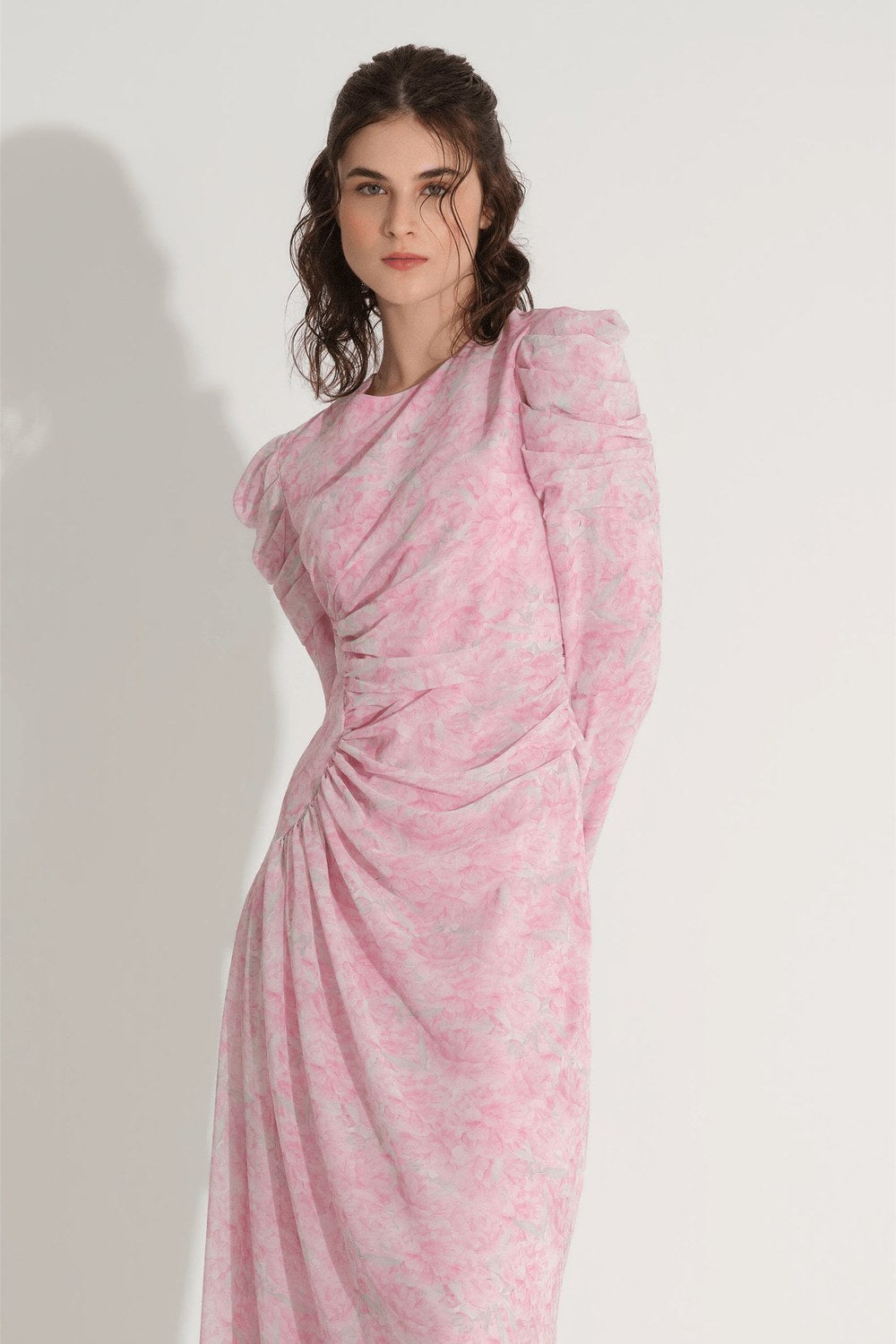Yan Büzgü Detaylı Elbise - Pembe - 1