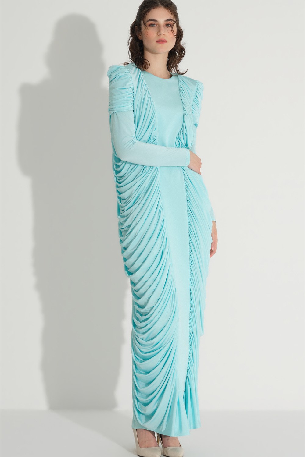 Yanları Büzgülü Dökümlü Elbise - Mint - 3