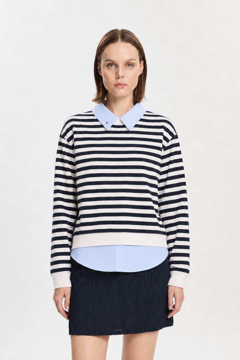 Gömlek Katmanlı Sweatshirt, Lacivert Çizgili - 1