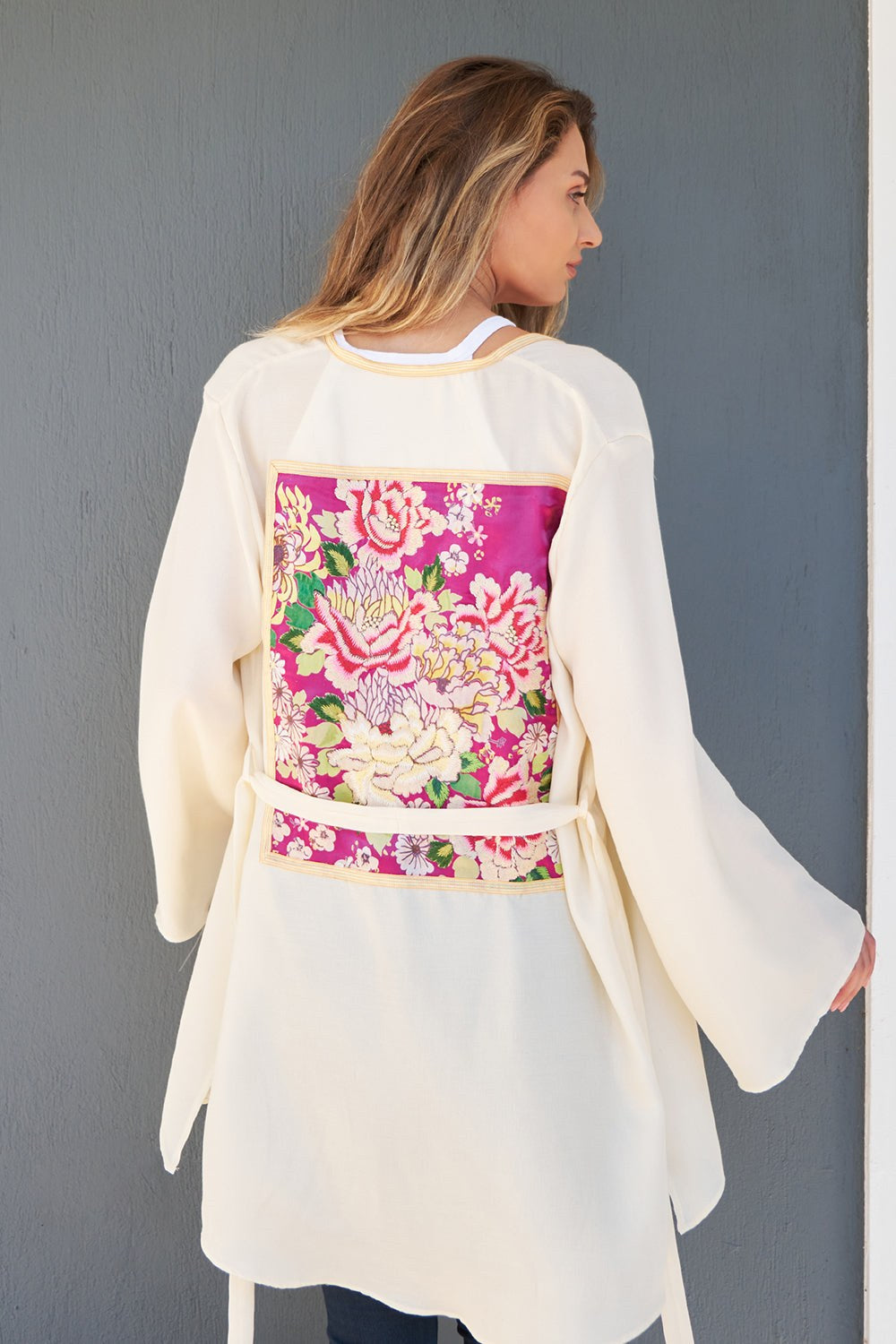 Oversize İpek Fuşya Gül Nakışlı Kimono - 0