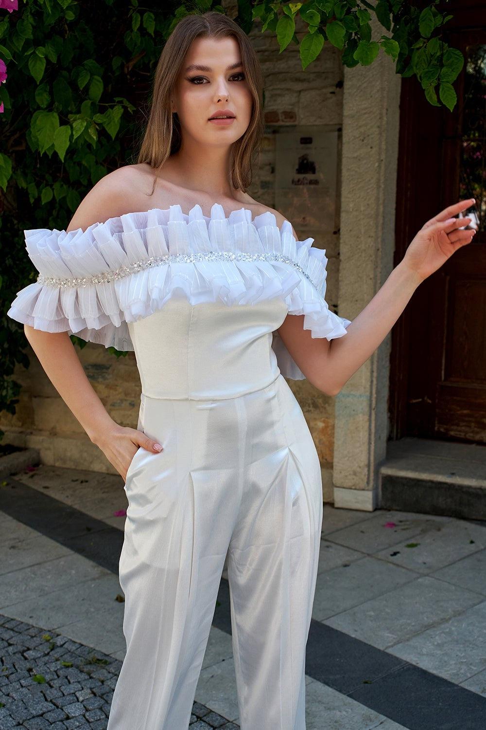 Ivy Beyaz Fırfırlı Tulum - 1