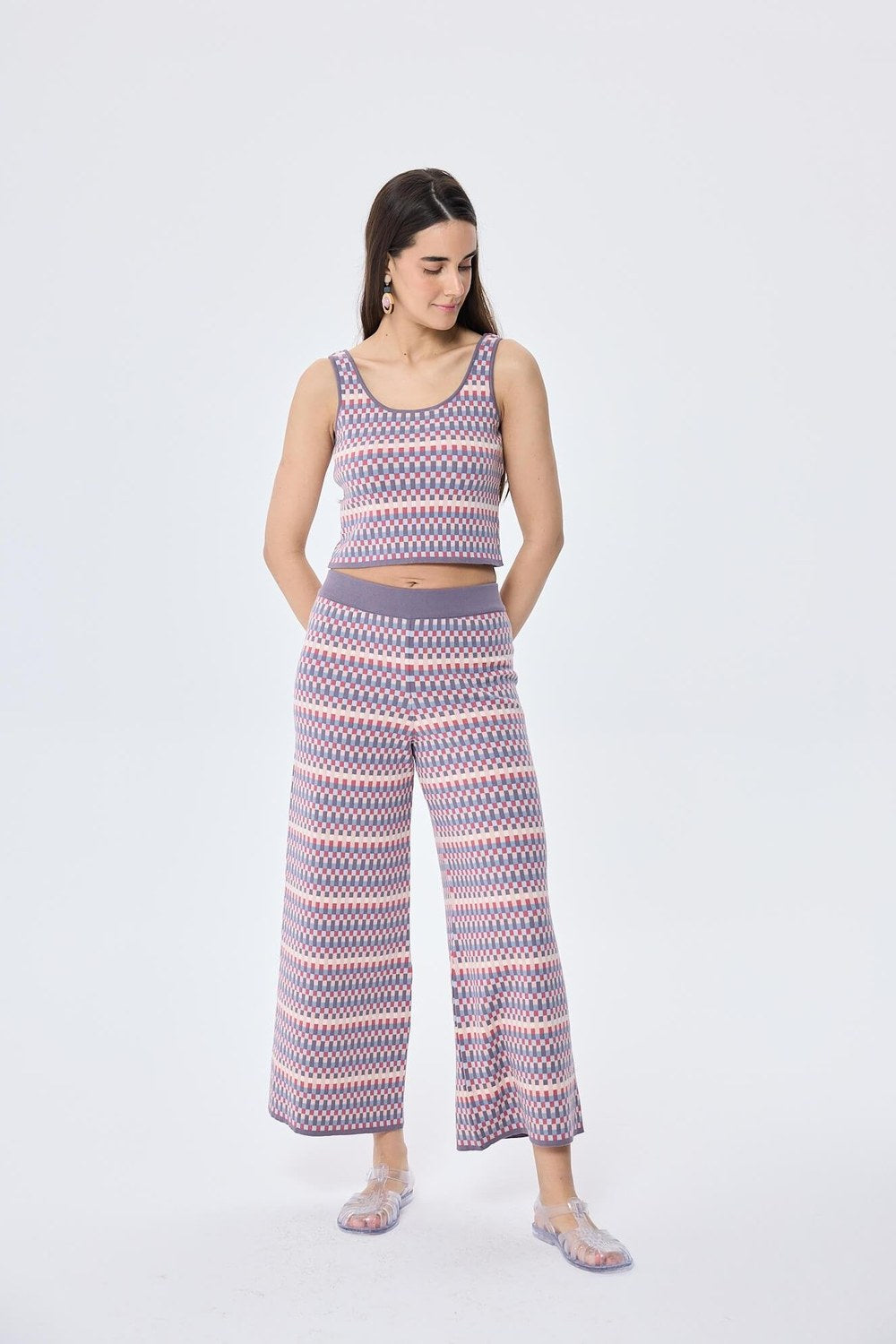 Illusion Jakarlı Organik Pamuk Kadın Mevsimlik Triko Pantolon Multi / Lila - 4