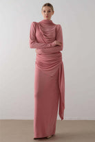 Dökümlü Örme Elbise – Pudra - 1