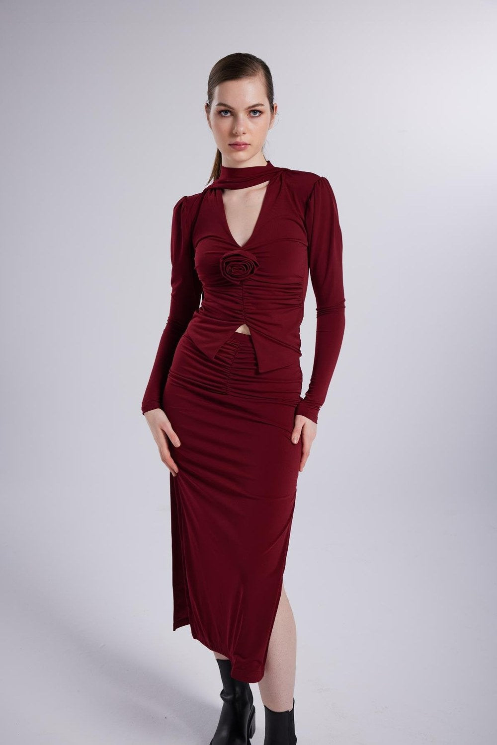 Şal Yaka Detaylı Serre Bluz Bordo - 2