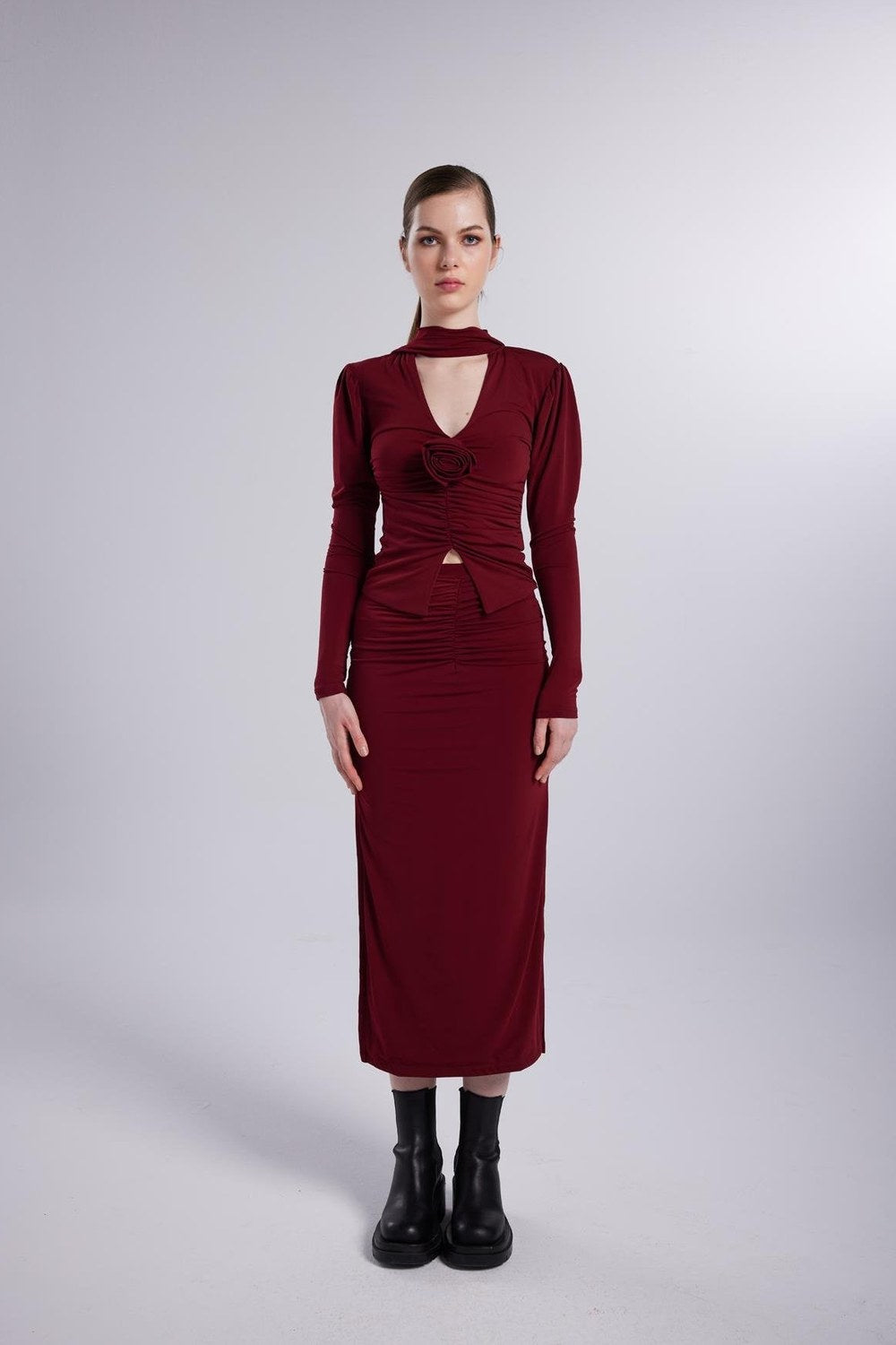 Şal Yaka Detaylı Serre Bluz Bordo - 3