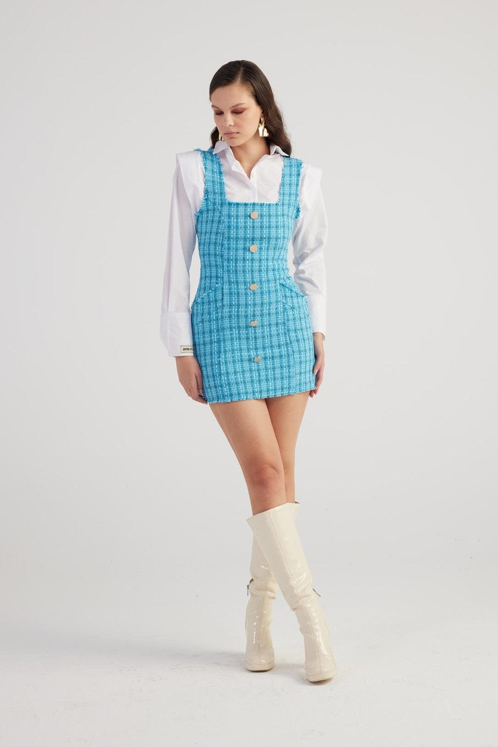 Metal Düğme Detaylı Mini Tüvit Tweed Elbise Mavi - 2