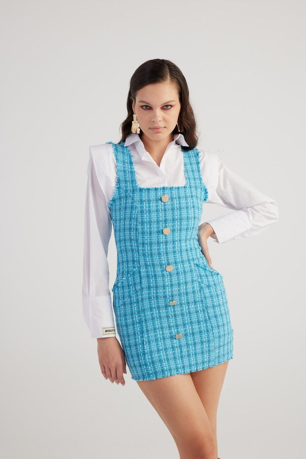 Metal Düğme Detaylı Mini Tüvit Tweed Elbise Mavi - 3
