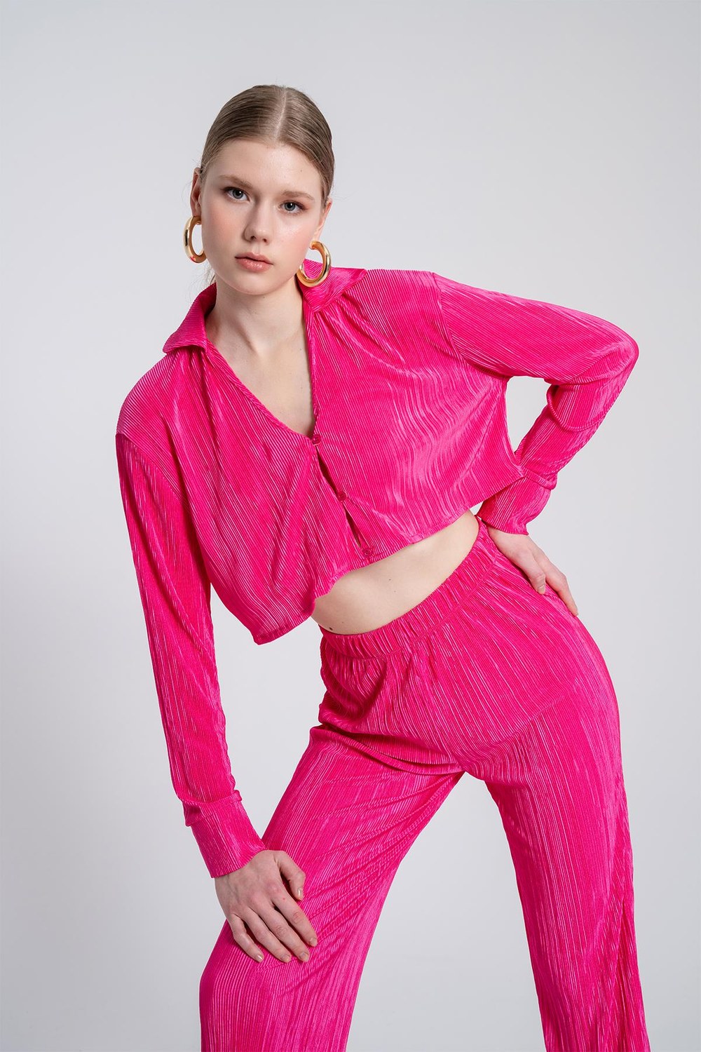 Crop Model Düğme Kapamalı Comfy Crop Gömlek Pembe - 0
