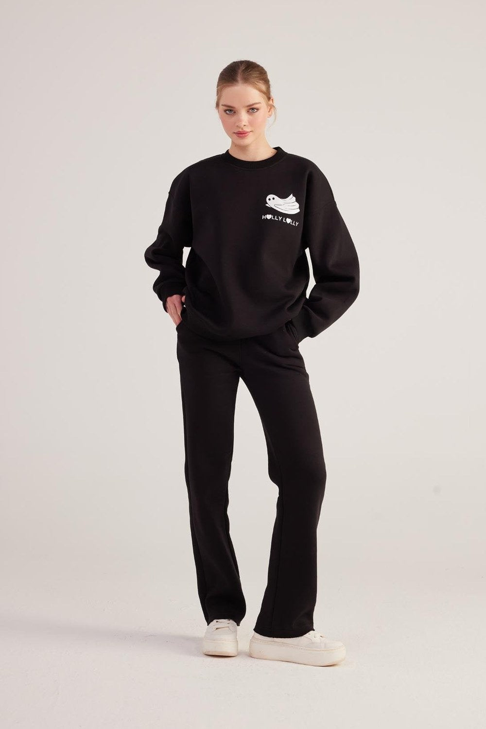 Oversize Kesim Unisex Baskılı Sweatshirt, Siyah - 4