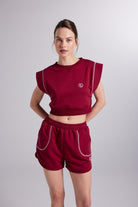 Crop Kesim Kontrast Dikişli Rhode Tshirt Bordo - 1