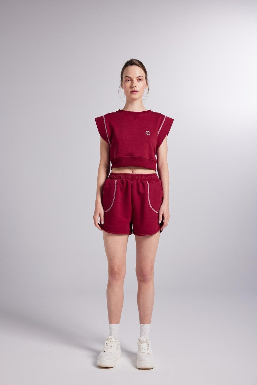 Crop Kesim Kontrast Dikişli Rhode Tshirt Bordo - 2