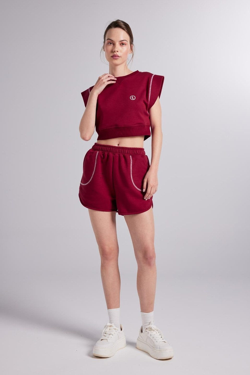Crop Kesim Kontrast Dikişli Rhode Tshirt Bordo - 5