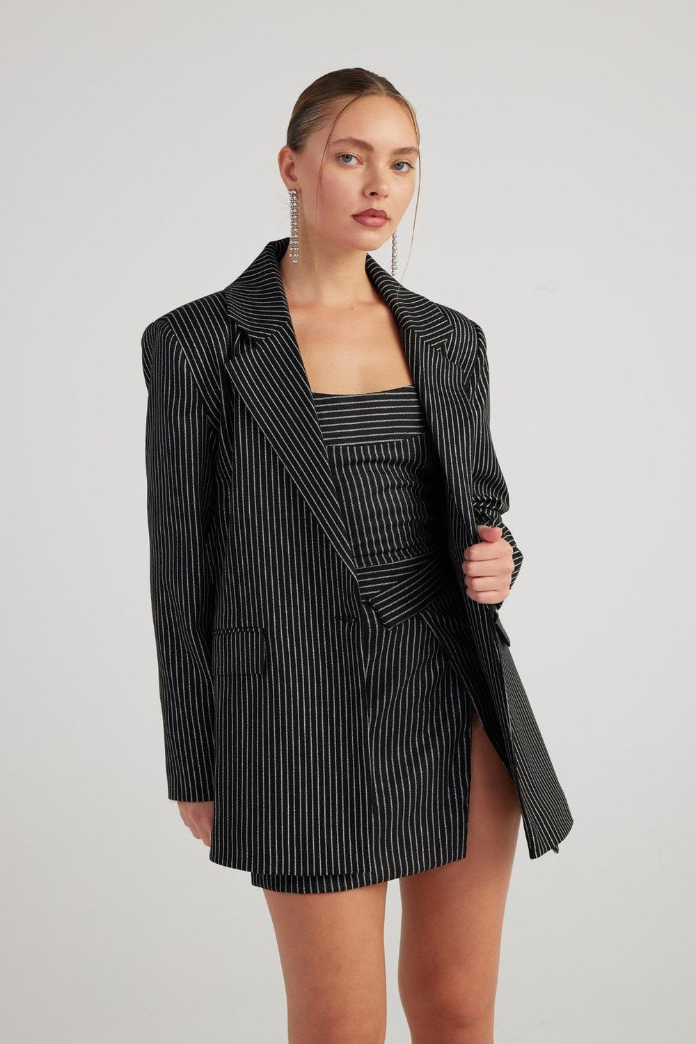 Oversize Kesim Simli Çizgili Eden Blazer Ceket Siyah - 0