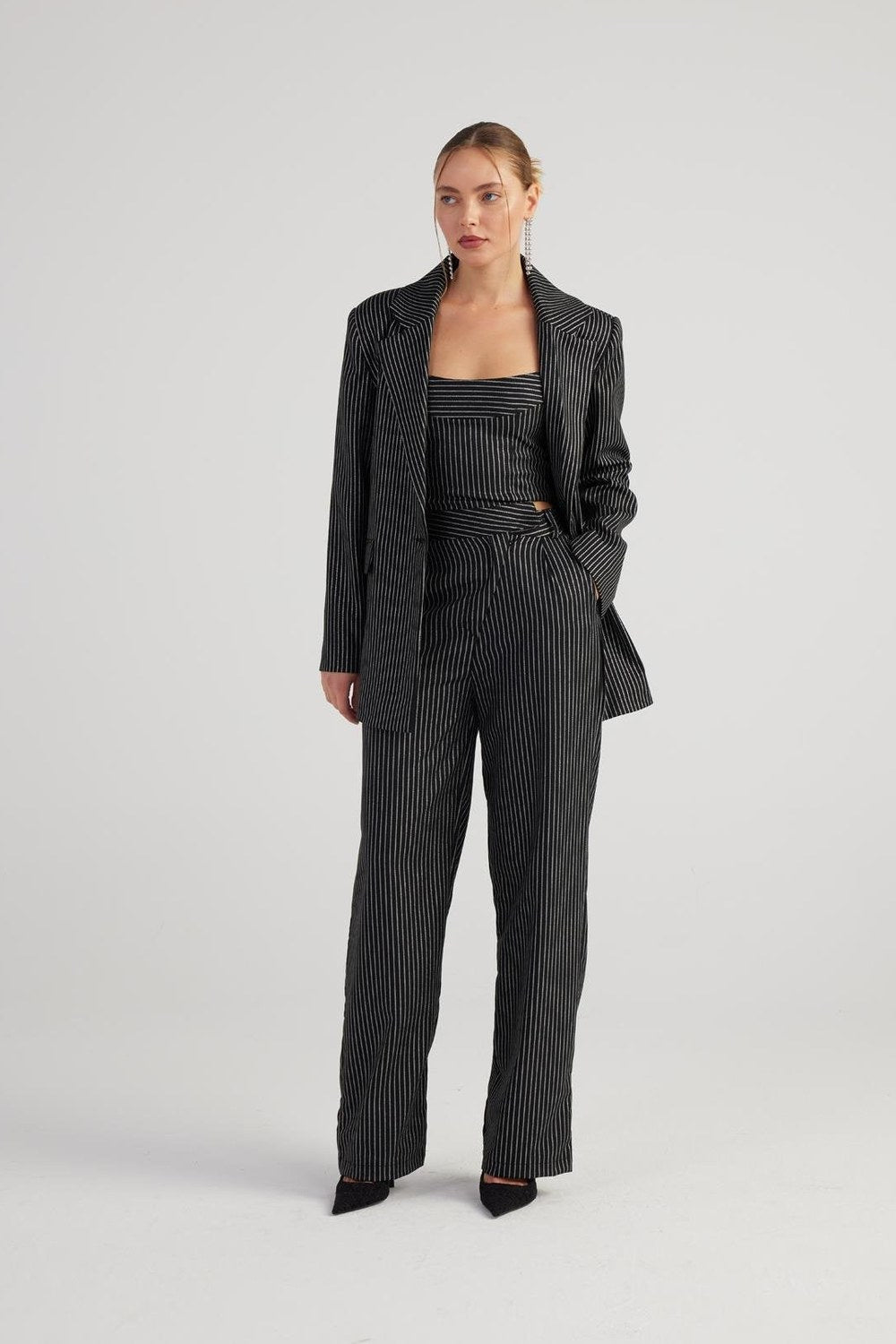 Oversize Kesim Simli Çizgili Eden Blazer Ceket Siyah - 1
