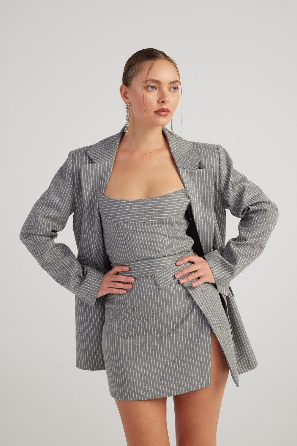 Oversize Kesim Simli Çizgili Eden Blazer Ceket Gri - 0