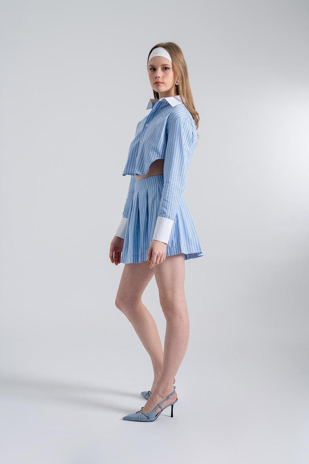 Çizgili Pilili Mini Harmony Poplin Etek Mavi - 1