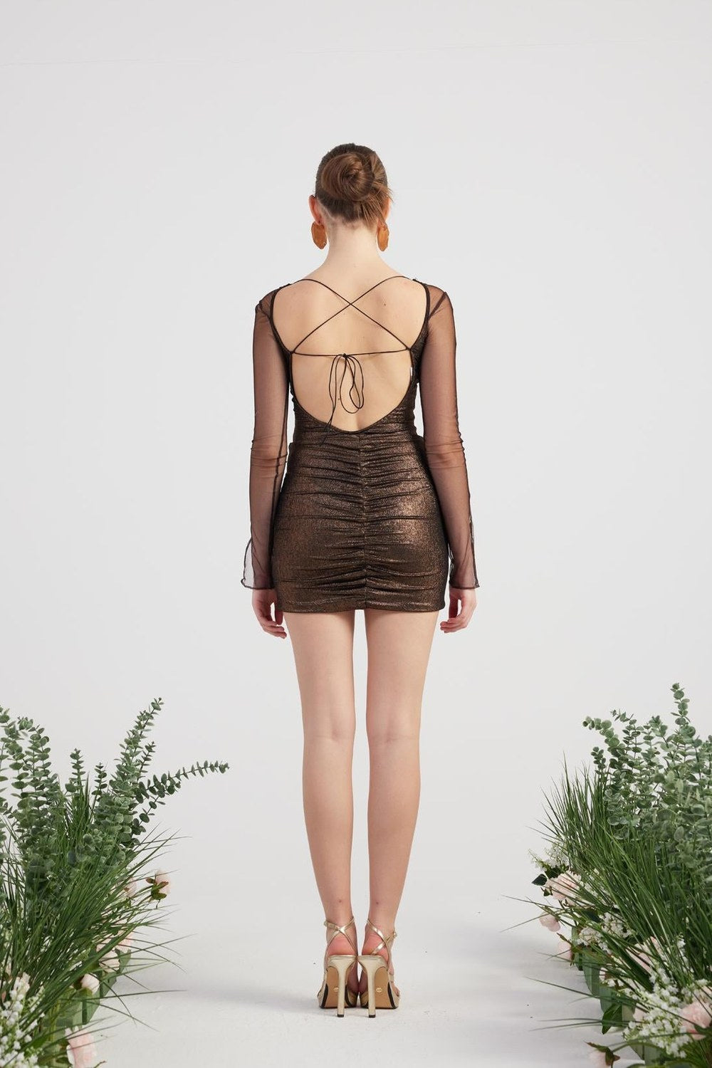 Parlak Kumaşlı Bodysuit Etek Lunor Takım Kahve - 2