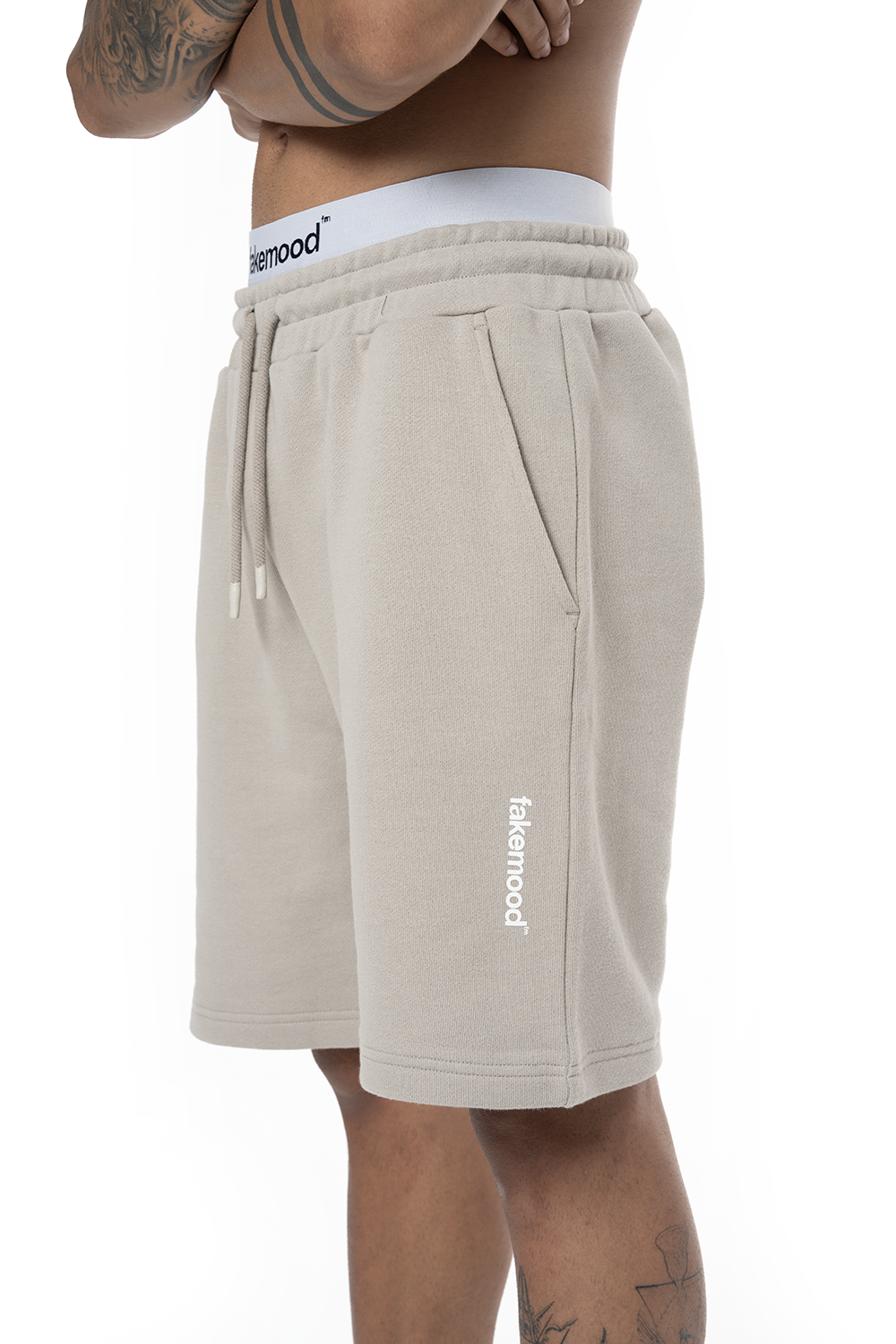 Unisex Relaxed Fit Basic Fakemood Baskılı Şort - Taş - 2