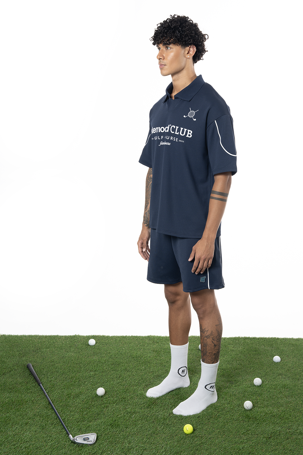 Erkek Oversize Fakemood Jersey Polo Yaka Golf Forma - Lacivert - 1