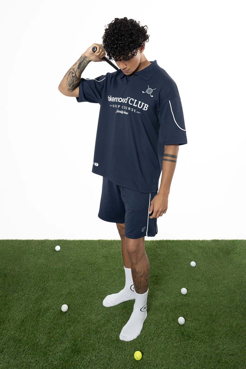 Erkek Oversize Fakemood Jersey Polo Yaka Golf Forma - Lacivert - 3